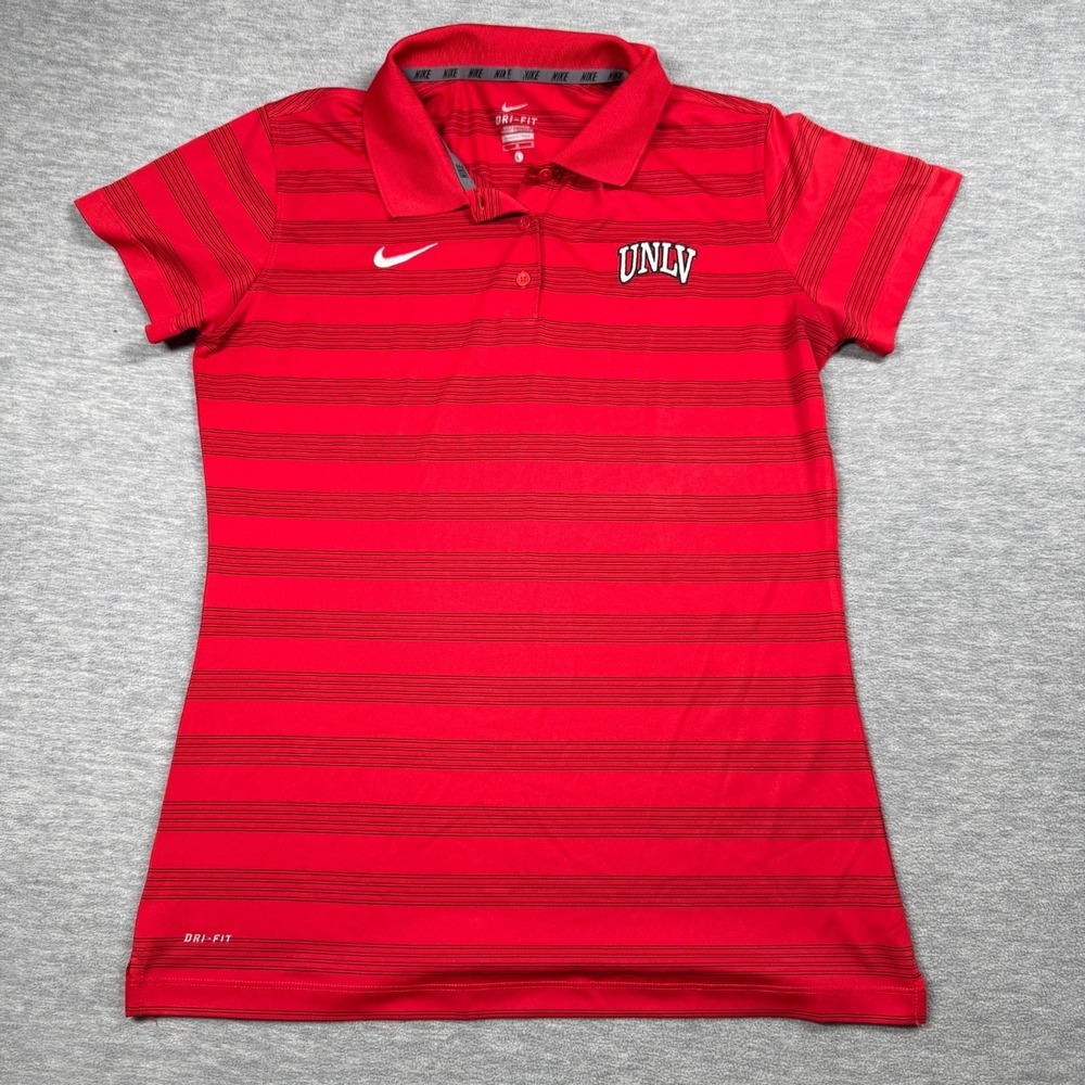Nike Polo Shirt‎ Womens Large Red UNLV Rebels Striped Dri-FIT Golf Short Sleeve